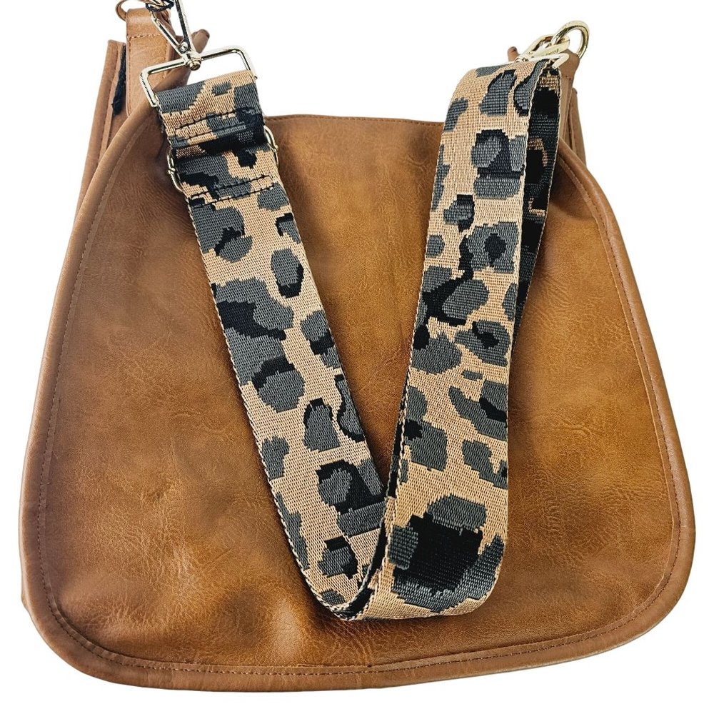 ah.dorned Camel Color Vegan Leather Open Body Crossbody Messenger w/ Camo Strap - Picture 3 of 9